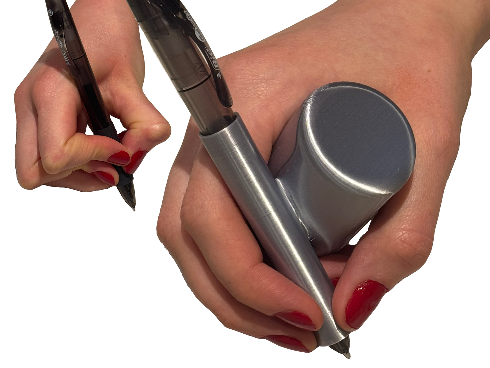 A hand holding a pen with the Writing Grip supporting the space between thumb and index finger